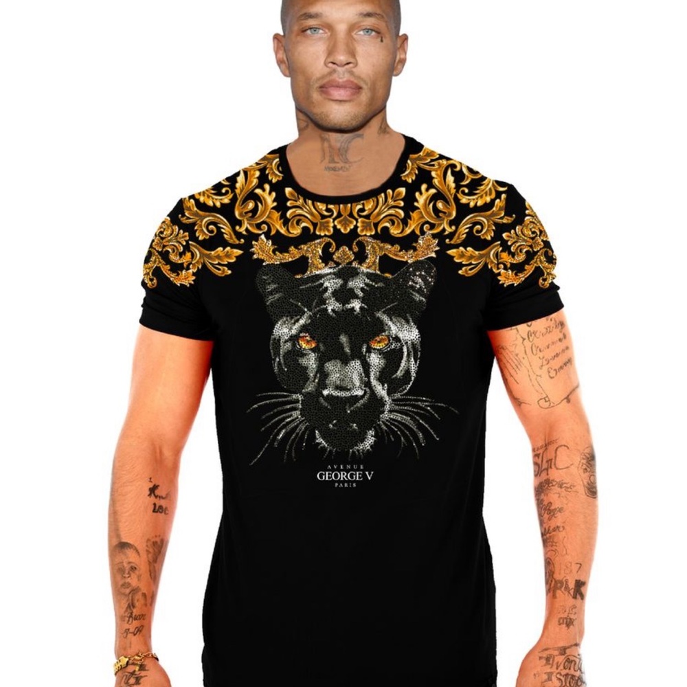 George V Black Gold Designer Men’s Rhinestone Tee Shirt
